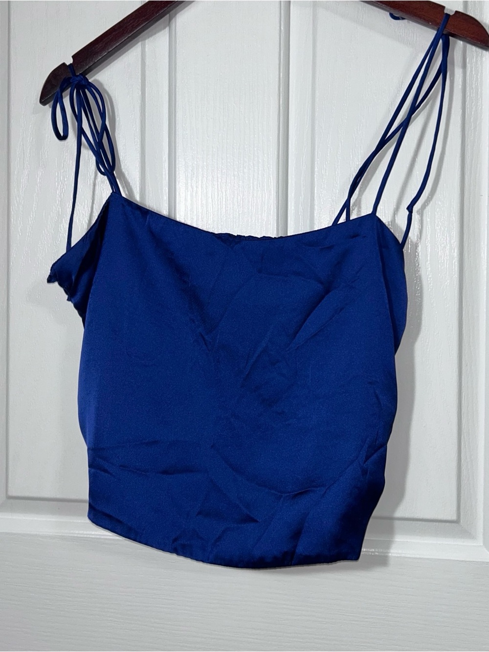 Urban Outfitters Blue Satin Cami Top Large Smocked Back Tie Shoulder Cami Crop
